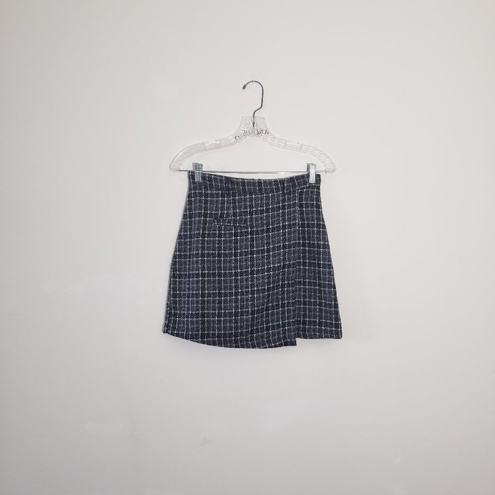 Black/Grey Plaid Grid Faux Wrap Mini Skirt Small